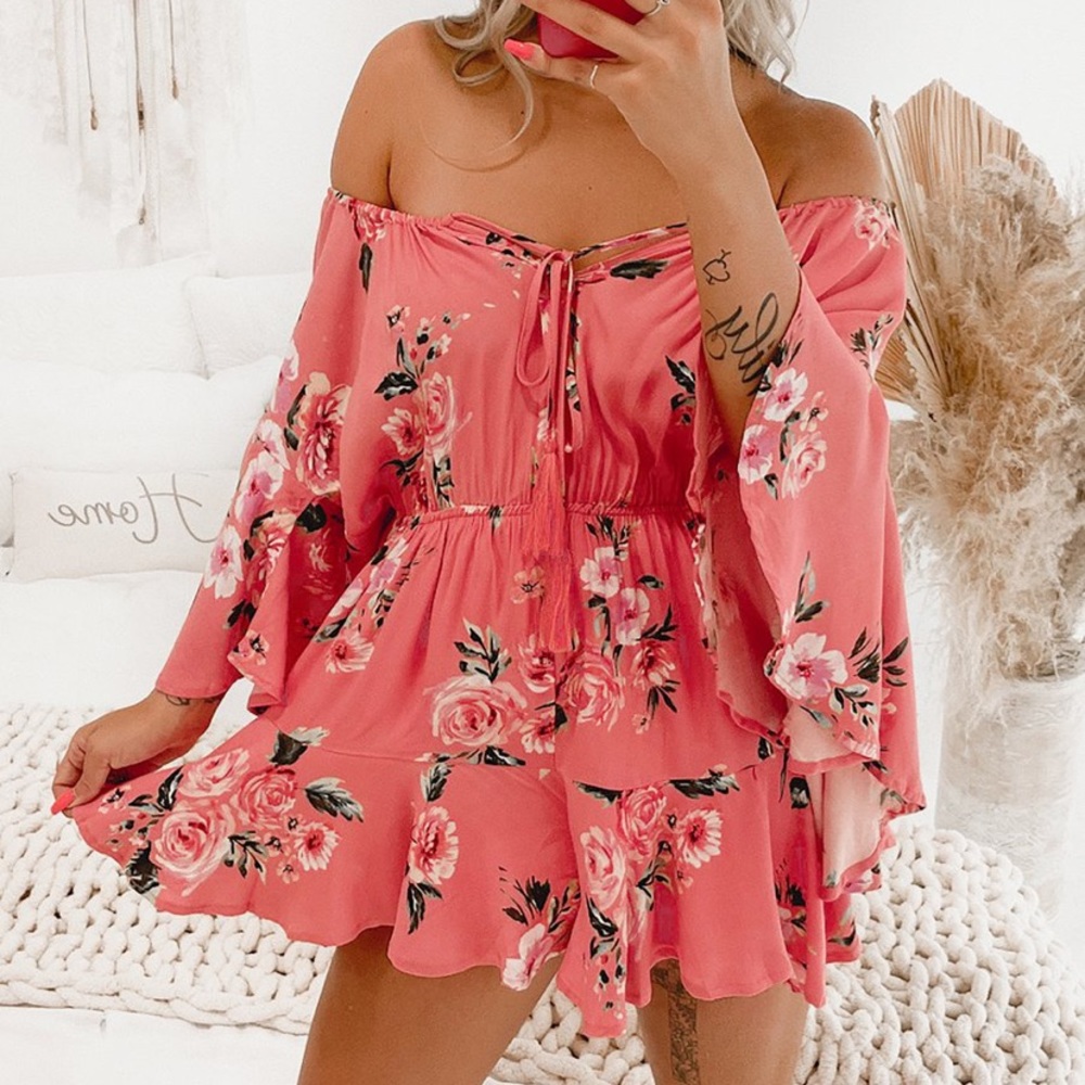 Nanamacs Claudia Floral Off the Shoulder Romper (Coral)